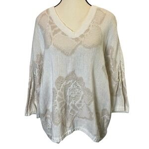 CAbi Lotus Pullover Oversized Knit Sweater 3/4 Length Sleeves Floral Size Small
